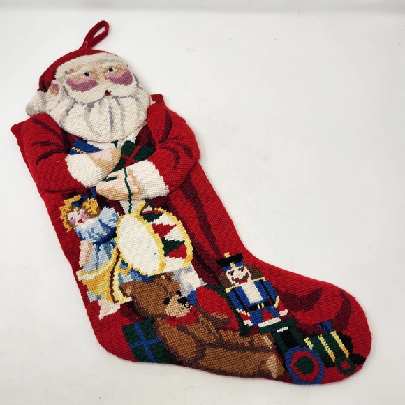 Christmas Holiday Tapestry Needlepoint Stocking Santa Clause Toys Vintage - Picture 1 of 6